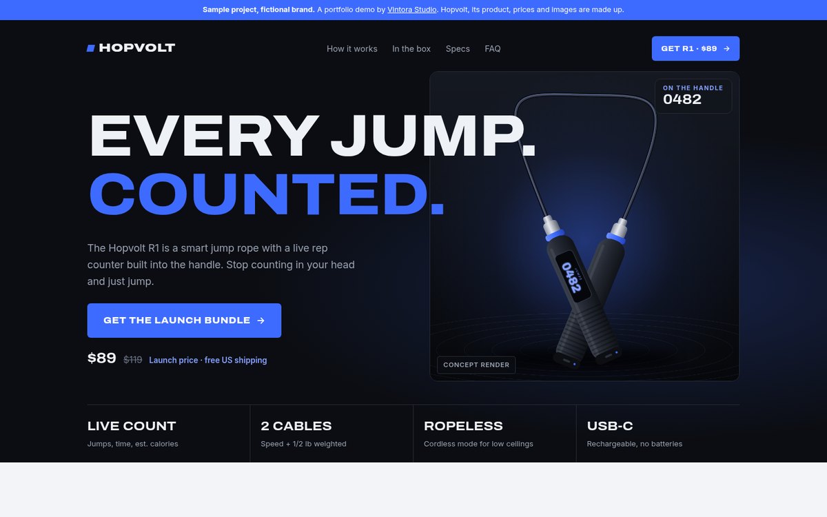 Hopvolt sample landing page on desktop (fictional brand)