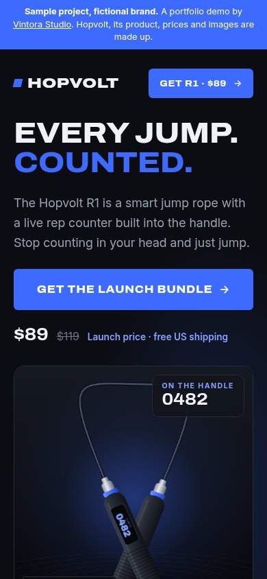 Hopvolt sample landing page on mobile (fictional brand)